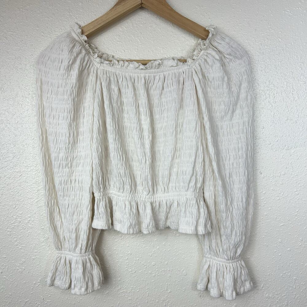 Crinkle Peplum Crop Top Size L 10-11 Ivory Long Sleeve Shirt Peasant Smocked GAP